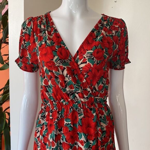 Zara Basic Red Floral Mini Wrap Dress Size XS - Picture 6 of 15